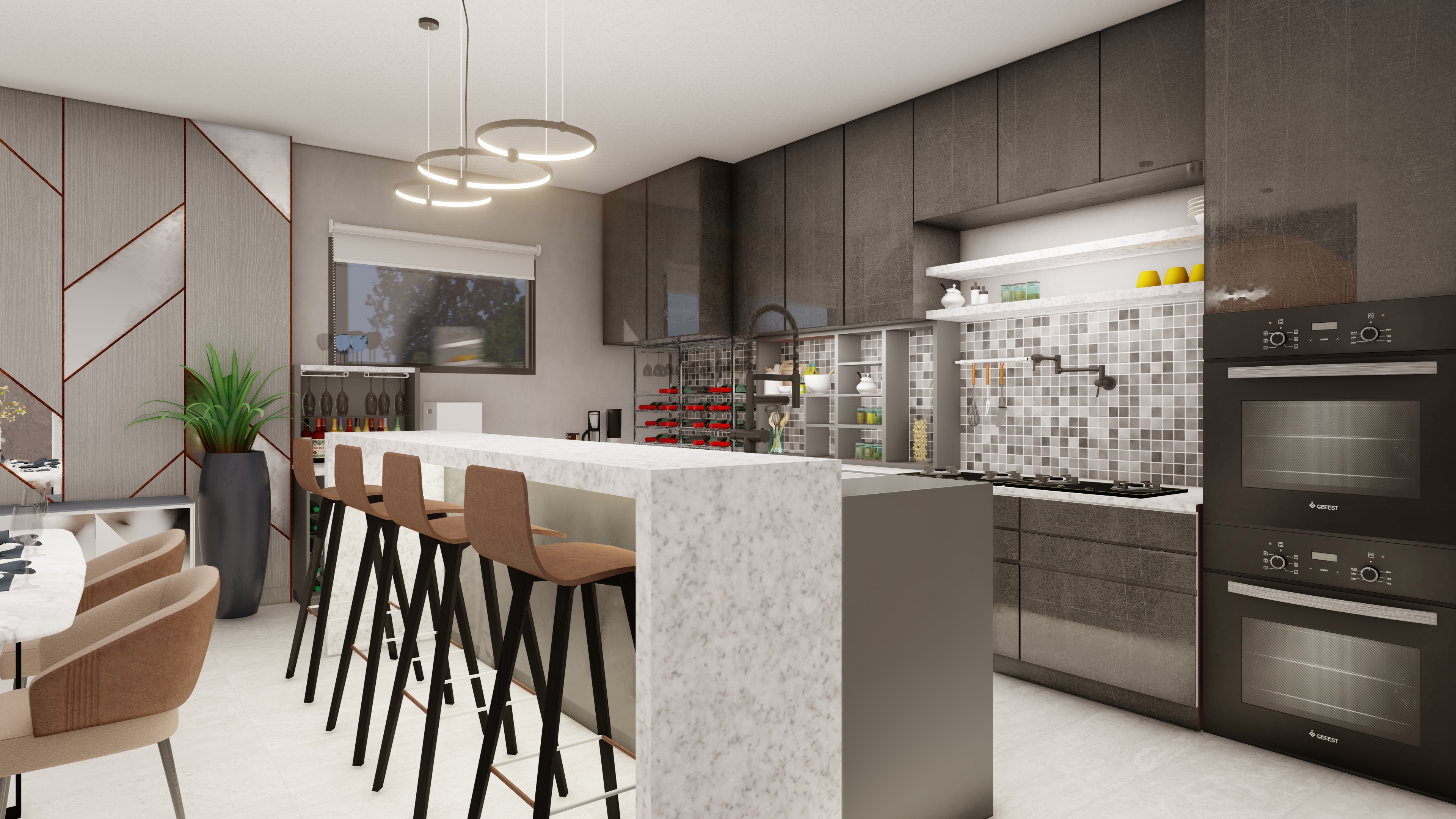 Gourmet kitchen with waterfall island and double ovens